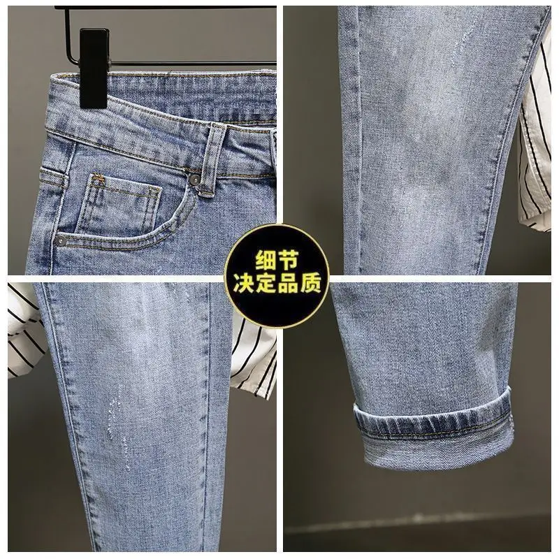 Fashion Men\'s Casual Denim Jeans Slim Fit cowboy trousers Spring and Autumn Y2k Streetwear Washed Luxury Blue Pencil Pants Homme