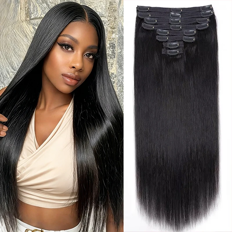 كليب في الشعر التمديد مستقيم شعر بشري حقيقي مشبك أسود طبيعي في 100% البرازيلي ريمي وصلة إطالة شعر طبيعي 8 قطعة مع 18 مقاطع #1