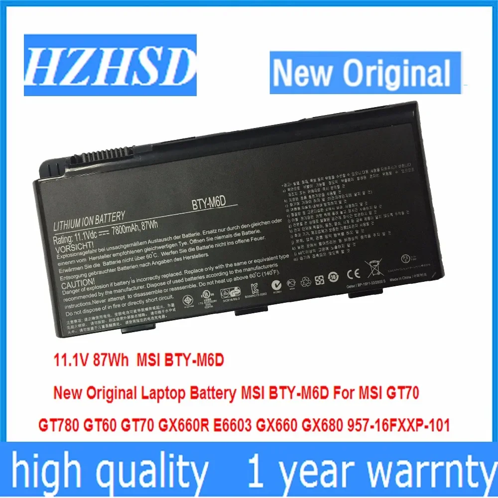 11.1V 87Wh New Original BTY-M6D Laptop Battery For MSI GT70 GT780 GT60 GT70 GX660R E6603 GX660 GX680 957-16FXXP-101