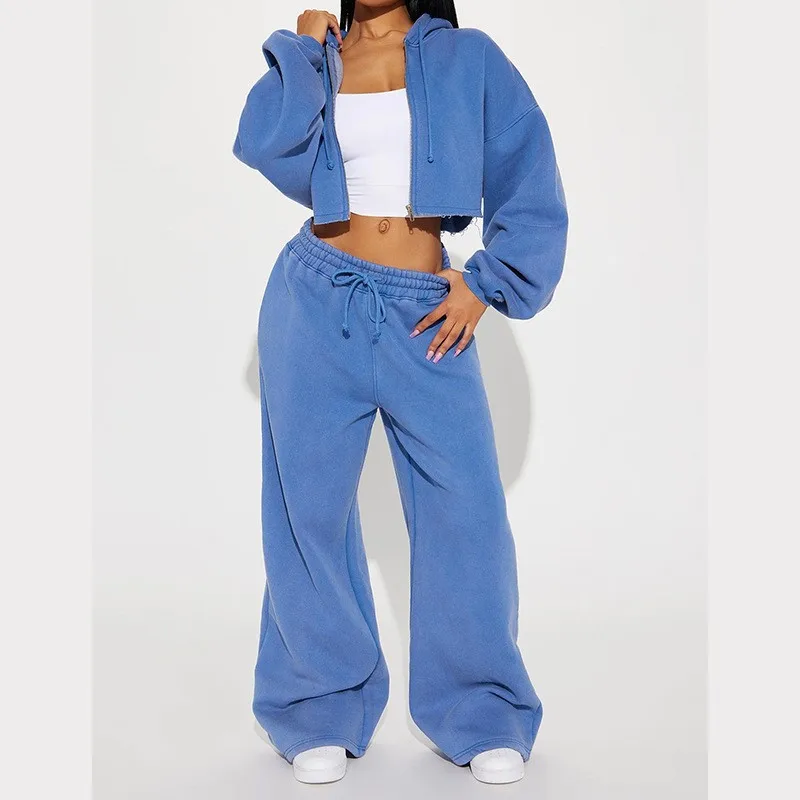 Women Hooded Zip-up Cropped Sweatshirt and Long Pants 2 Piece Sets 2026 Autumn Casual Hoodies Sweatpants Suit Tracksuits