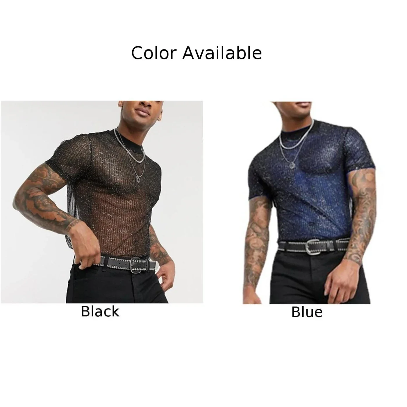 Durable High Quality 1*Top Men Sexy Shiny Short Sleeve Top Te Club Black/Blue Button-Down Shirts Mesh Shirts Party