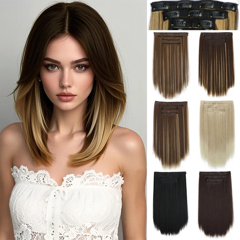 

14Inch Synthetic Short Straight Hair Extension Clip in Black Blonde High Temperature Fiber Hairpiece for Women