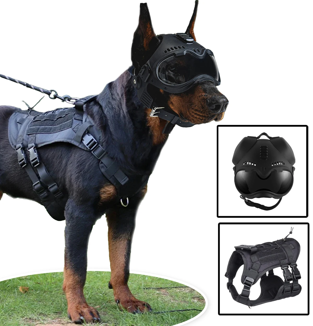 

K9 Tactical Dog Helmet Vest Set with Goggles Adjustable Military Service Harnesses with Handle for Belgian German Shepherd Etc