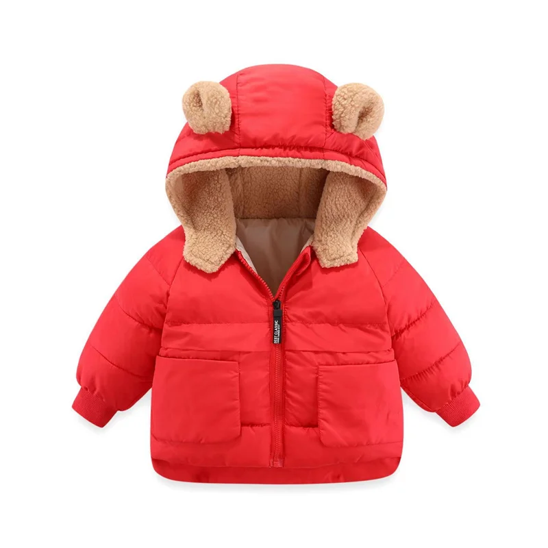 Boys Lamb\'s Wool Thickened Down Cotton Jacket Winter Girls Short Hooded Warm Coat Autumn New Kids Solid Color Casual Outerwear