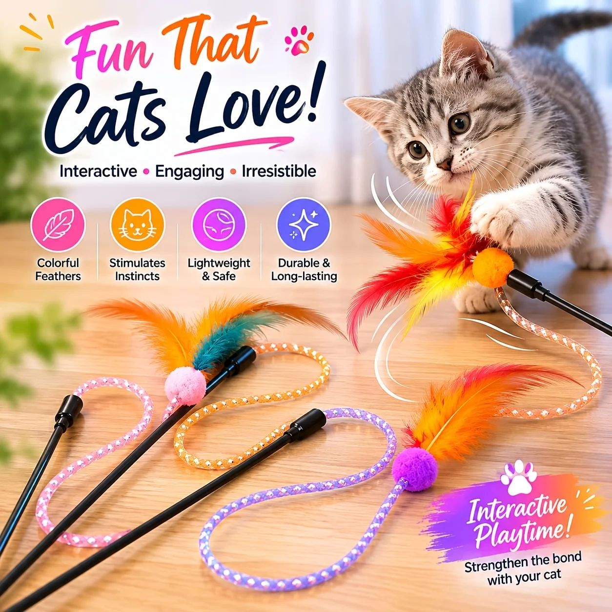 Interactive Cat Rainbow Wand Toys for Indoor Cats and Kittens, Colorful Cat Teaser Wand String Plush Toy Cat Feather Toys