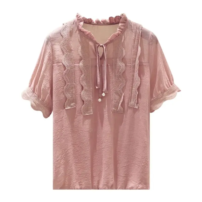 Summer Solid Color Round Neck Chic Blouses Lacing Short Sleeve Chiffon Shirt Women Clothing Fashion Elegant Lace Patchwork Tops