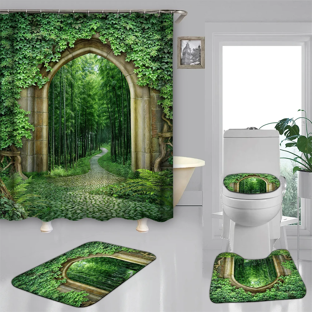 4-piece set of retro green plant door waterproof shower curtain with 12 hooks, waterproof printed curtain, bathroom floor mat