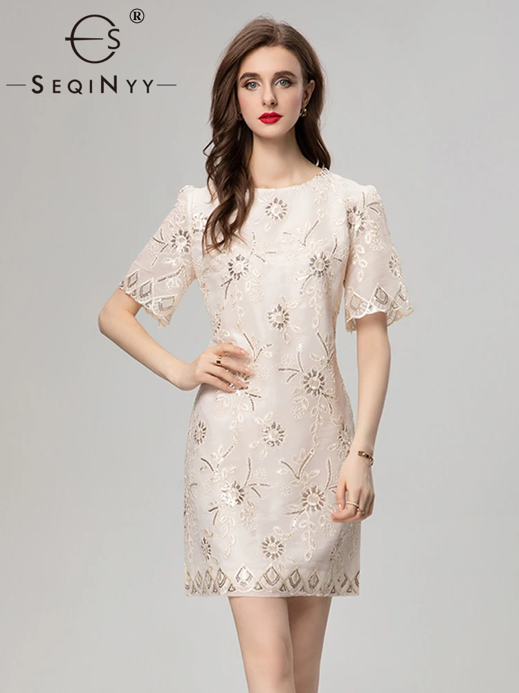 

SEQINYY Beige Mini Dress Summer Spring New Fashion Design Women Runway Short Sleeve Embroidery Flower Sequined Hollow Out