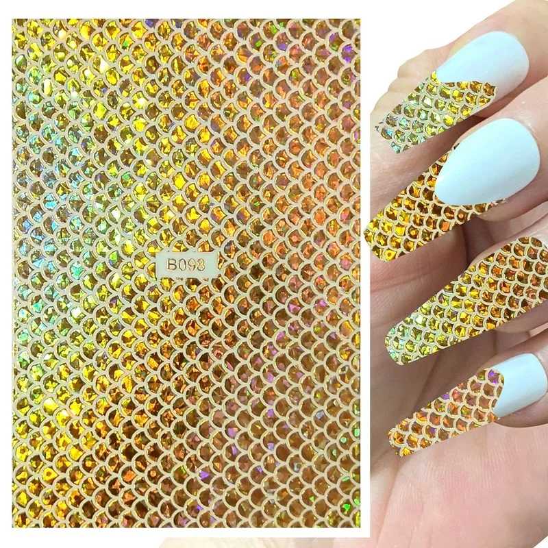 1Sheet Nail Art Holographic Fish Scales Shaped Sticker Self-Adhesive 12 Colors Nail Foil Decals Manicure Laser Sticker Decals