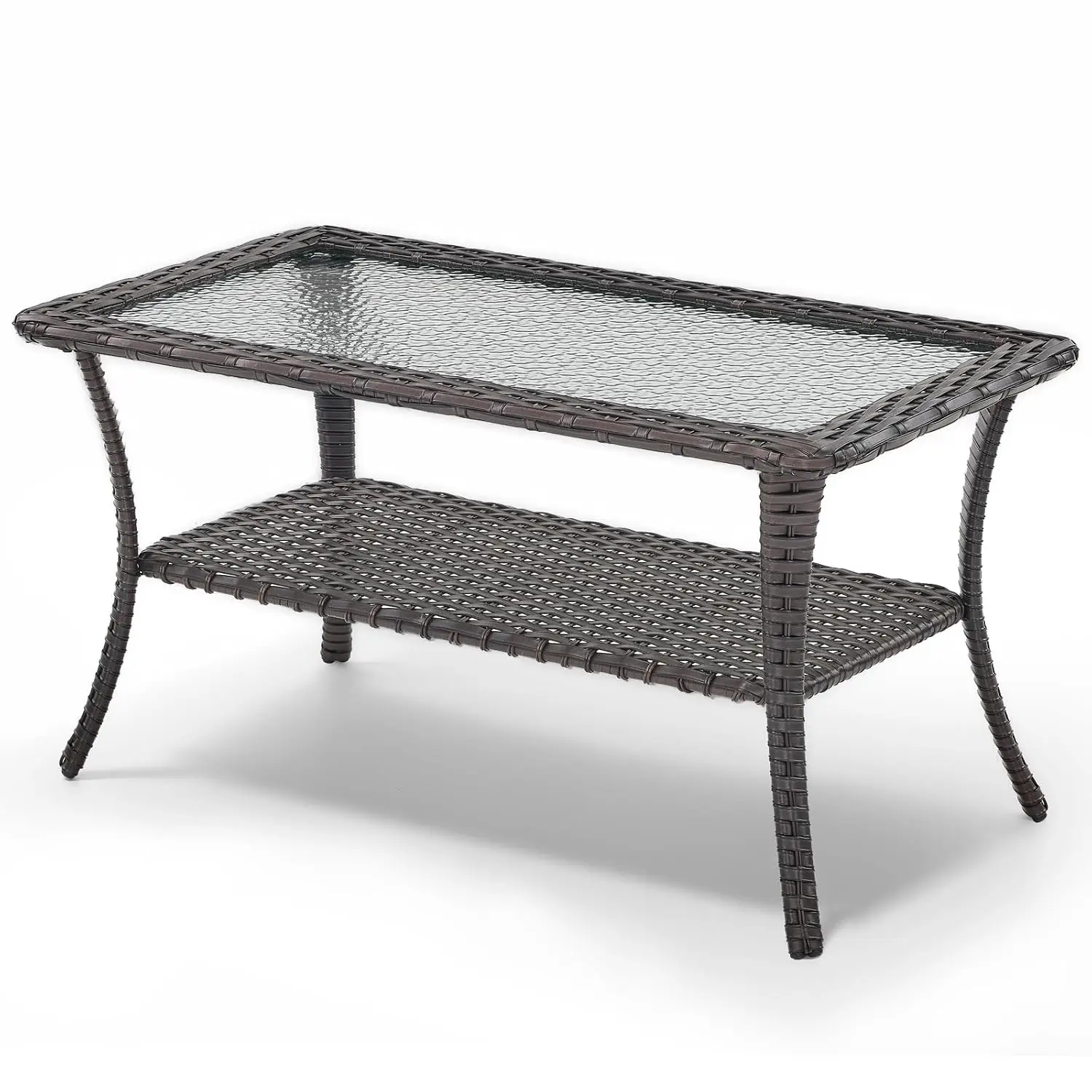 Outdoor Rattan Wicker Coffee Table with Tempered Glass Top & 2-Tier Storage for Patio Deck Porch Balcony Garden, Customized