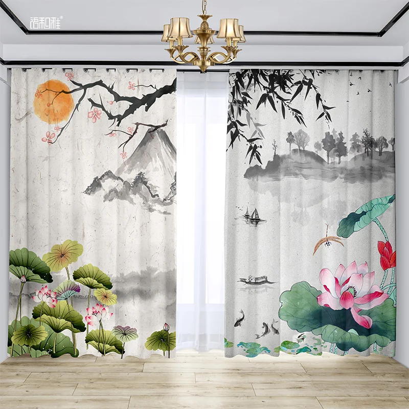 

Chinese Classical Ink Painting Printed Curtain Semi-blackout Bedroom Living Room Floor-to-ceiling Window Kitchen Blinds 2pcs