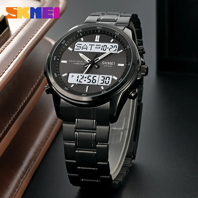 SKMEI 2049 Sport Quartz Digital Business Watches Stainless Steel Wristwatch Men's Waterproof LED Electronic Relogio Masculino image 3