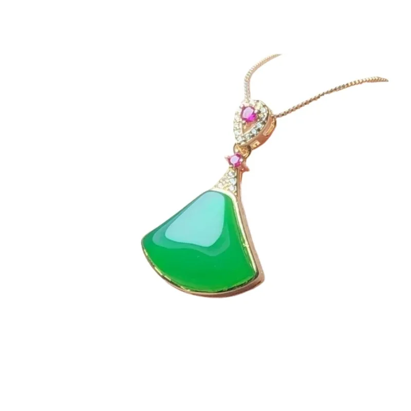 

Natural ice green chalcedony silver inlaid fan-shaped small pendulum skirt jade pendant jadeite green women's pendant