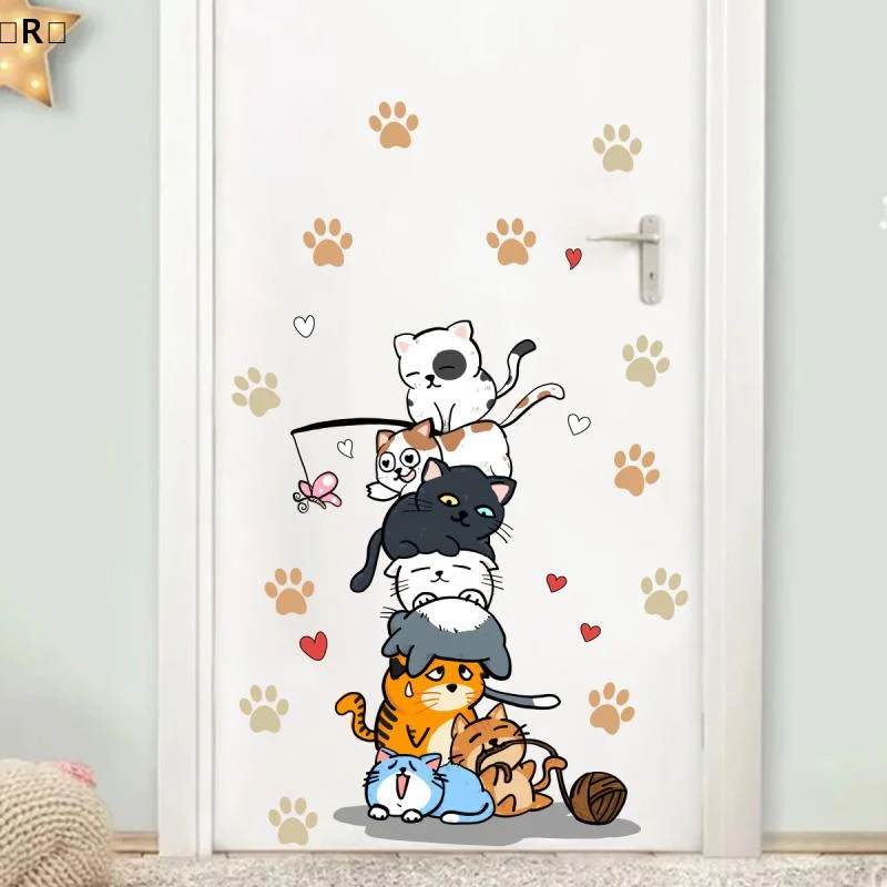 〔R〕1Pc Cute Cats And Cat Paw Prints Stacked Together Wall Stickers For Kids Room Bedroom Wall Decals Home Decor〔Winter2〕