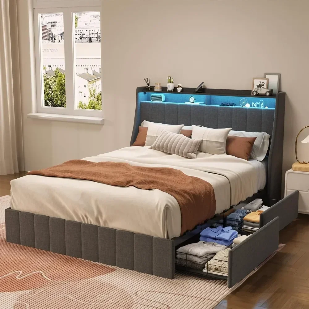 Queen Bed Frame with LED Lights & 4 Storage Drawers, Mattress Foundation, No Box Spring Needed，Wooden Slats Support，Bed Frame