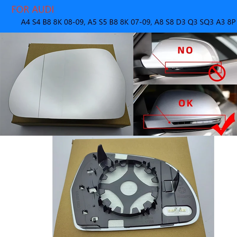 Left & Right Side Mirror Glass Rearview Exterior Wide Angle for Audi A4 S4 B8 8K 08-09, A5 S5 B8 8K 07-09, A8 S8 D3 Q3 SQ3 A3 8P