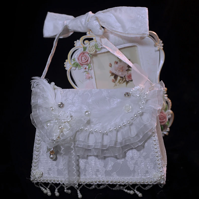 

Sweet Original Lolita Handmade French White Lace Pearl Oil Painting Handle Light Lo Daily Elegance Portable Messenger Bag Womens