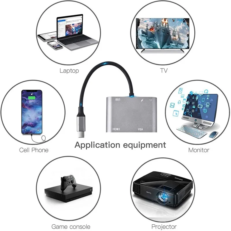 5-in-1 타입 C 어댑터 허브 (HDTV VGA USB 3.0 디지털 AV 멀티포트 어댑터, 타입-C PD 충전 포트 포함)