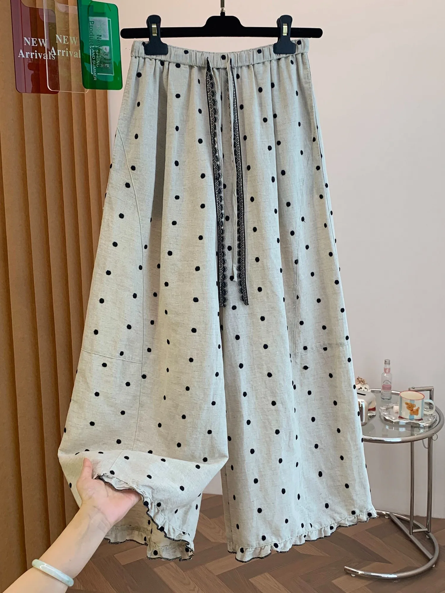 Summer High Waist Wide Leg Pants Women's Checkered Linen Gored Skirt Style Casual Straight Balloon Pants Draping Effect