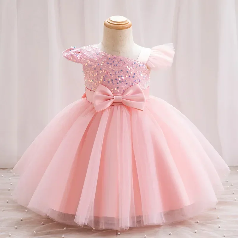 Flower Girl Dress for Wedding 1-5Y Baby Birthday Party Princess Dress One-shoulder Cute Bow Kid Prom Tutu Gown Mesh Baby Dresses