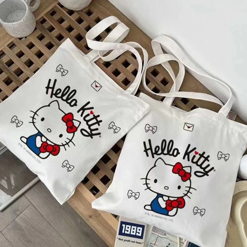 Women Cute Hello Kitty Canvas Tote Bag Femme Shopping Shoulder Bags Travel Tote Luxury Designer Handbags Handiness