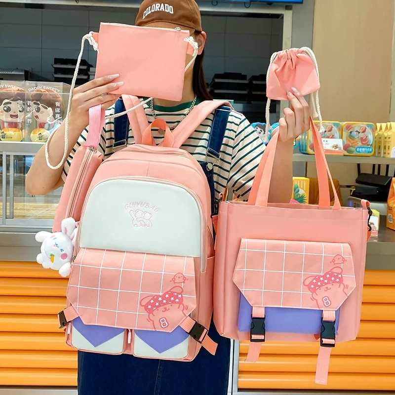 Mochila escolar a cuadros para niños, bolsos kawaii para niños, bolso de mano para niñas, juego de lápices, blanco y negro, 6 piezas por juego