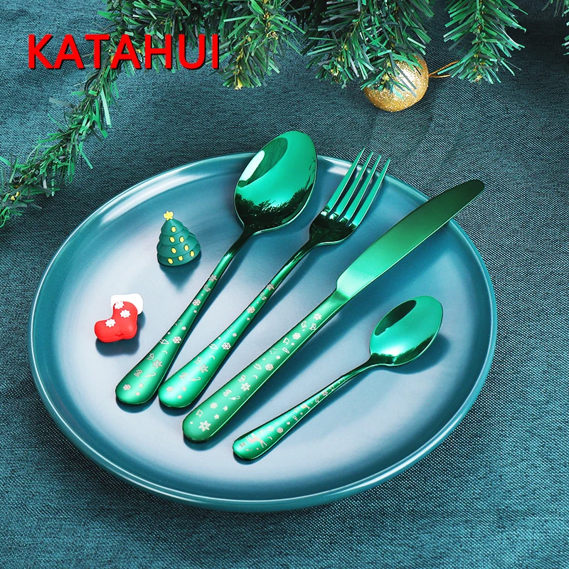 Christmas Tableware Set Stainless Steel Cutlery Set Knife Fork Spoon High Quality Dinnerware Set Christmas Theme Tableware Set