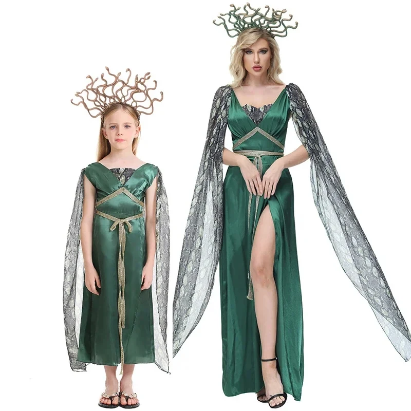 

ABC123Cosplay Medusa Dress for Kids and Women Halloween Costume With Headwear Girls Snake Head Crown Greek Mythical Ss,3'f.5;j.8