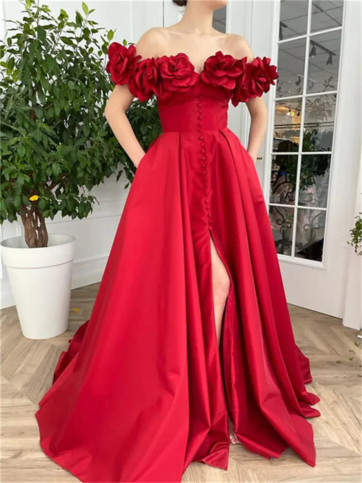 

Customized Evening Party Dresses Sexy Wedding Guest Court Train Short Sleeve Off Shoulder Taffeta With Button Slit Appliques