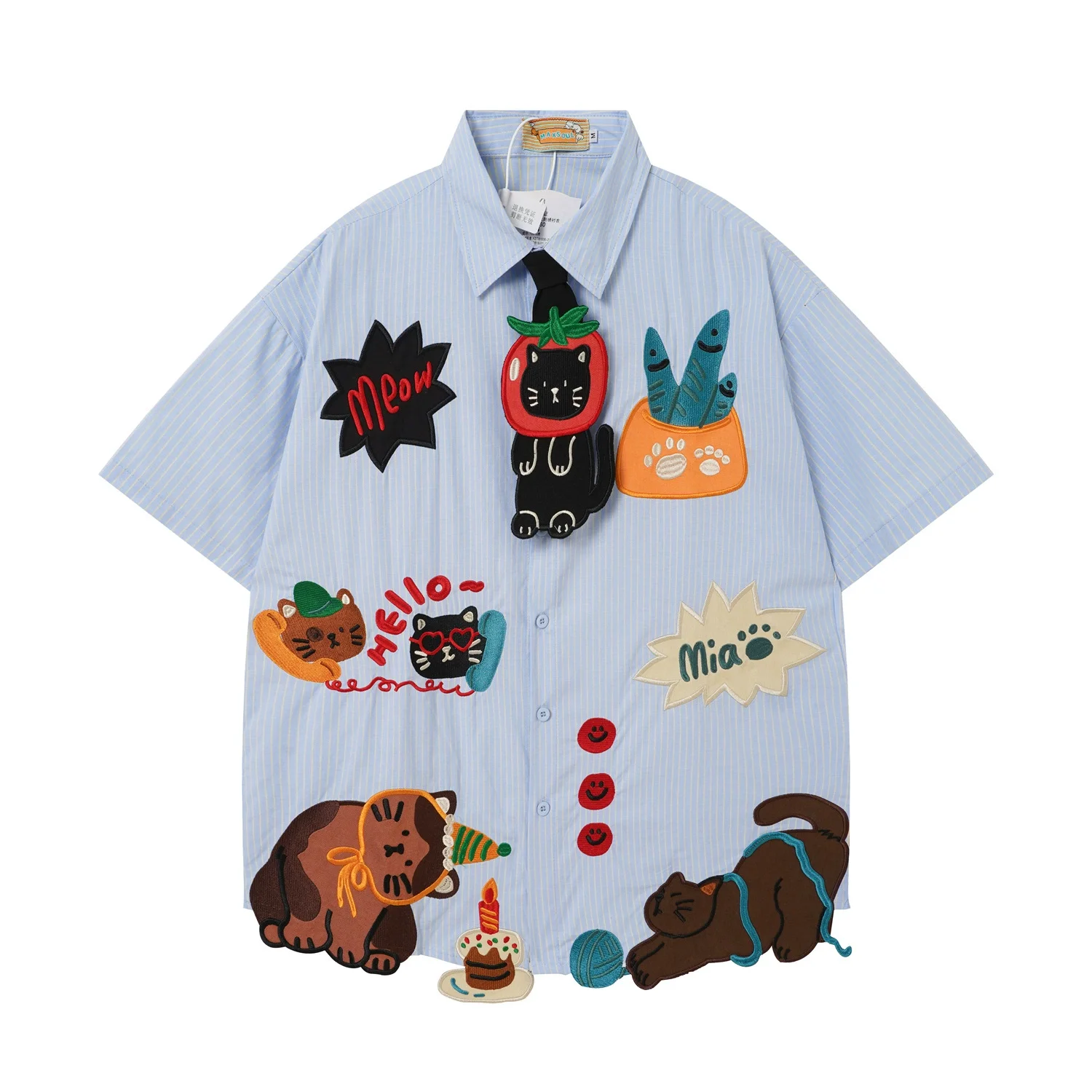 Harajuku Shirts Retro Cartoon Cat Embroiderey Unisex Varsity Style Shirts Loose Short Sleeve Button Up Blouse Oversized Y2K Tops