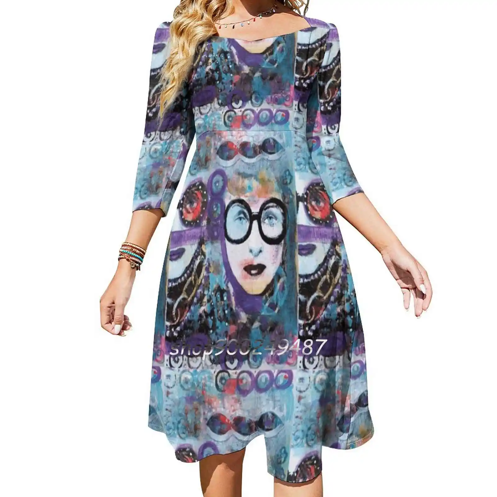 Iris Apfel Original Art By Jacqueline Myers-Cho Dresses For Women A-Line Korea Style Slim Long Sleeve Dress Glasses Geeky