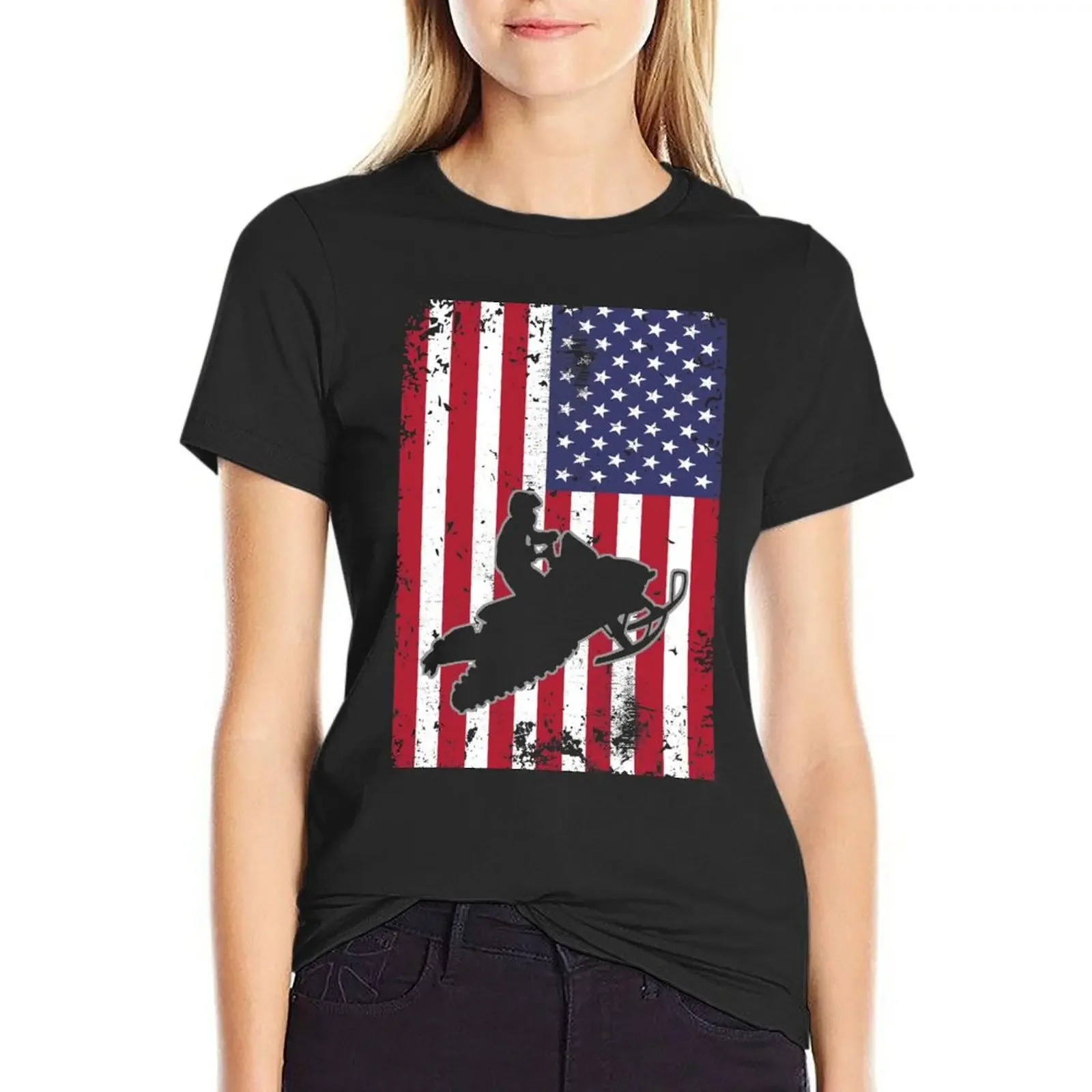 

snowmobile rider usa us flag sled vintage T-Shirt hippie clothes lady clothes plus size tops Women clothing