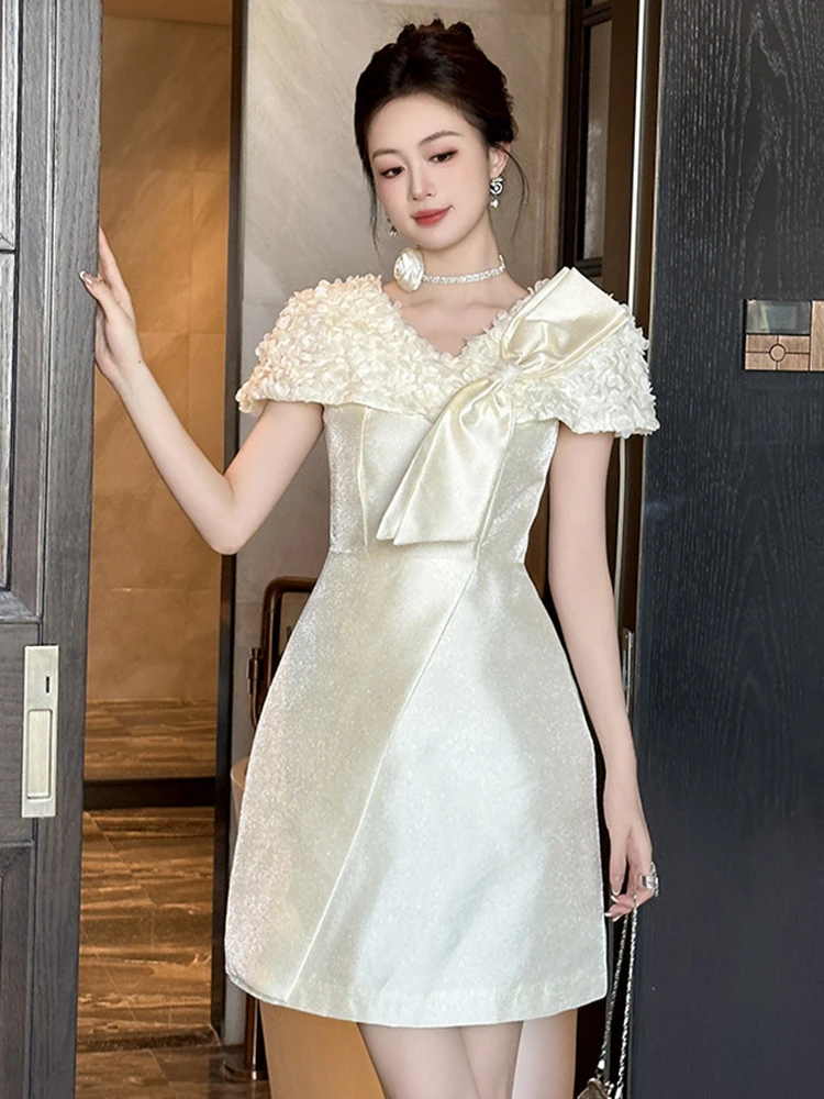 Elegant Gorgeous Evening Dresses Women Clothing Sweet Celebrity 3D Flowers Sleeve Short Gown Birthday Party Vestido Fiesta Mujer