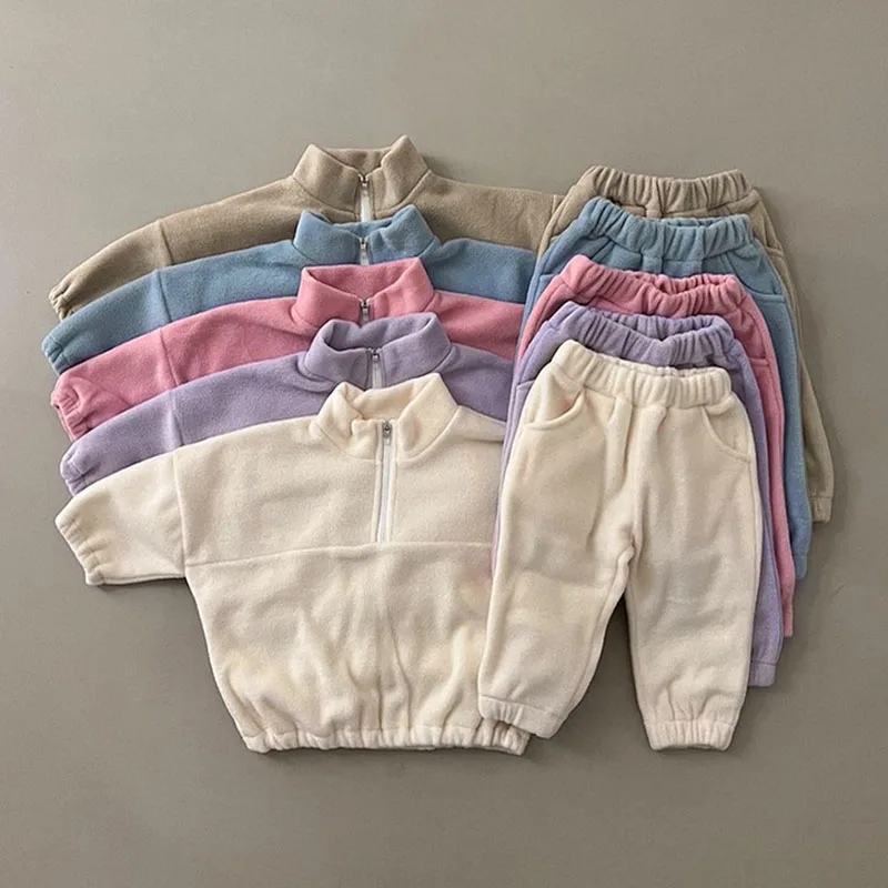 Winter Baby Clothes Sets Girls Boys Coats+Pants 2Pcs Sports Suits Solid Color Thicken Fleece Warm Toddler Casual Tracksuit