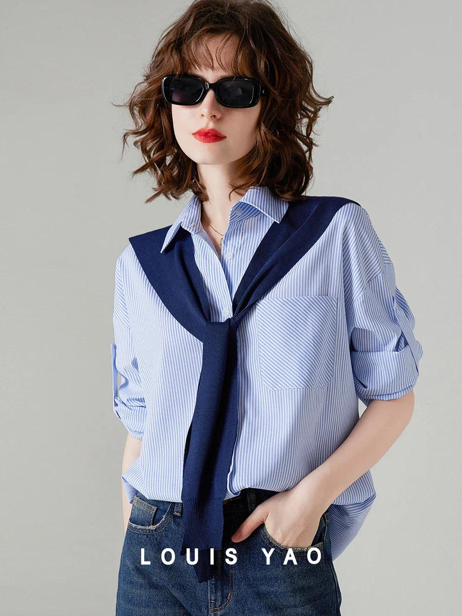 LOUIS YAO Women Striped Shirt Two Piece Shirt 2023 Autumn Long Sleeves Lapel Collar Blue/Pink and White Stripes Casual Tops