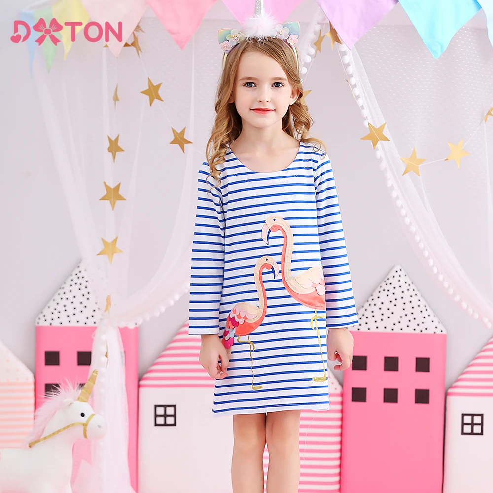 DXTON Baby Girls Dresses Winter Striped Kids Dress For Girls Flamingo Children Cartoon Clothing Girls Casual Costumes 2-8 Years
