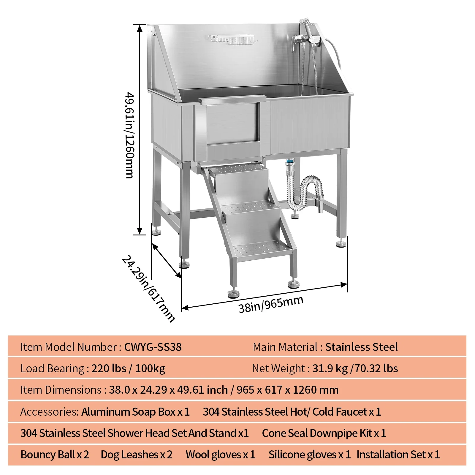 Professional Stainless Steel Pet Dog Grooming Bath Tub Swimming Pool Bathtub With A Movable Door