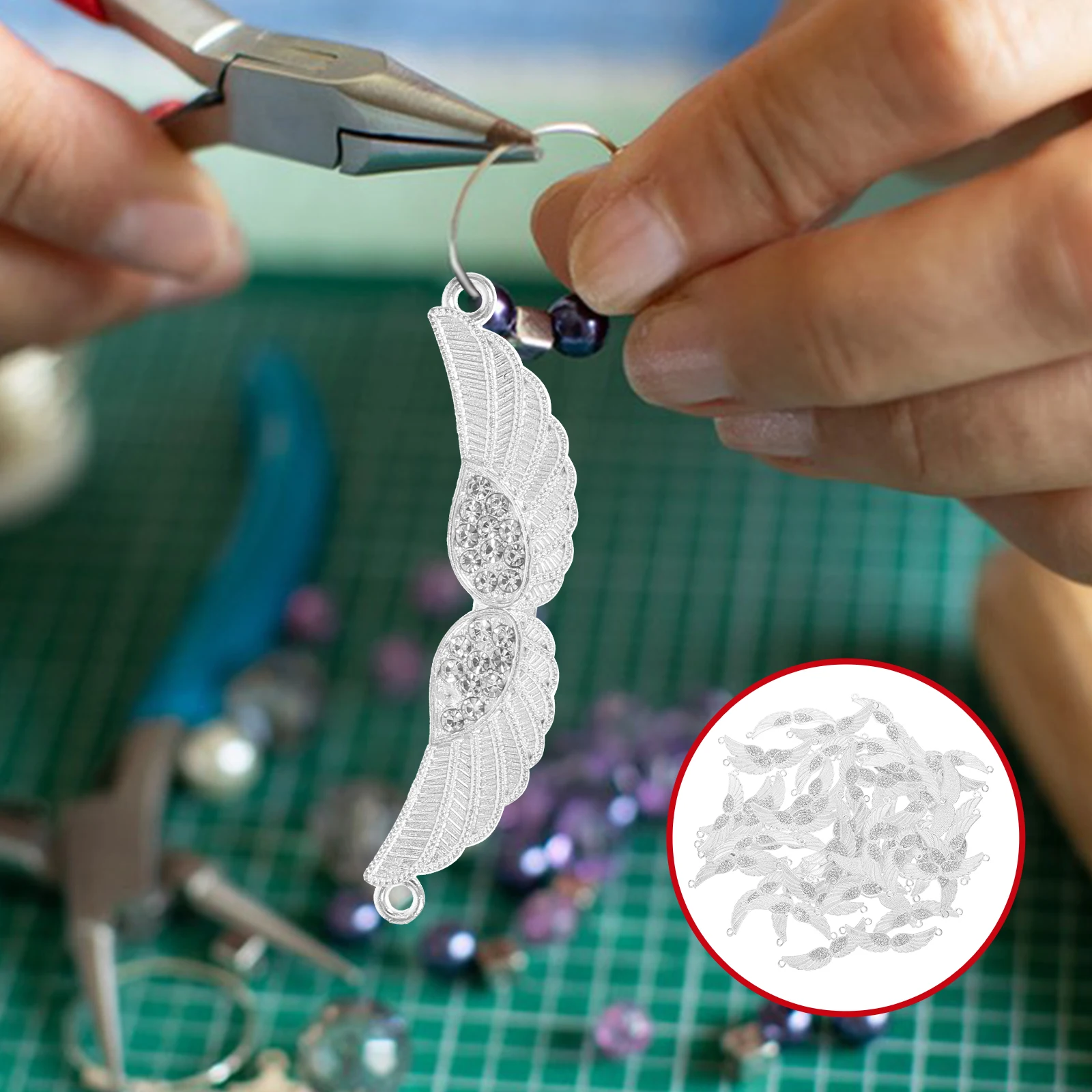 

50Pcs Angel Wings Charm Retro Rhinestone Pendant for DIY Handmade Necklace Bracelet Earring Keychain Accessory