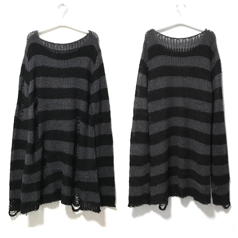 Punk Gothic Hollow Out Knit Sweater Loose Striped Knitwear for Women - Gray