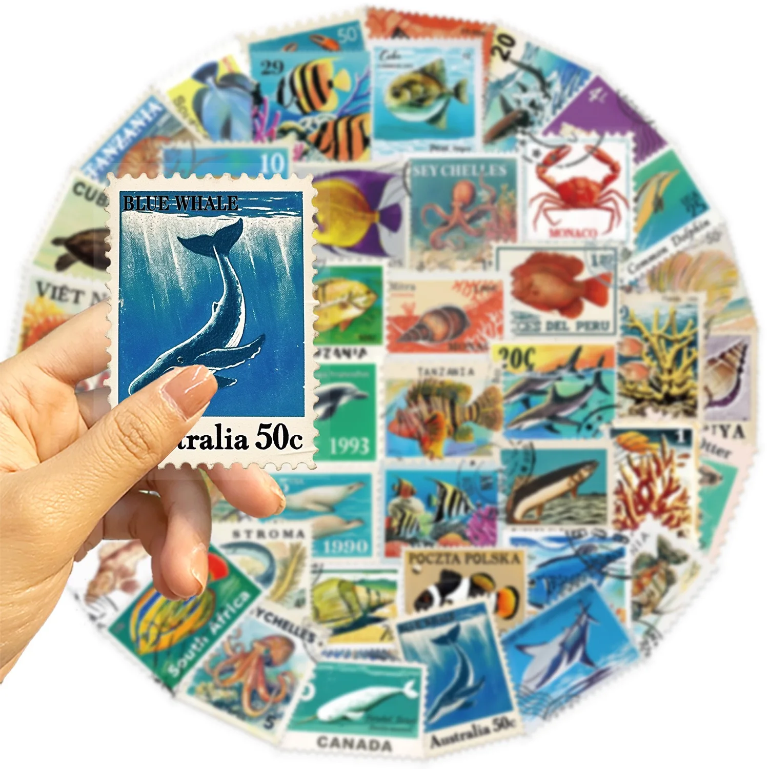 50Pcs Retro Marine Life Animals Stamp Stickers Cartoon Vintage Art Decals Suitcase Phone Laptop Guitar Sticker Decoration