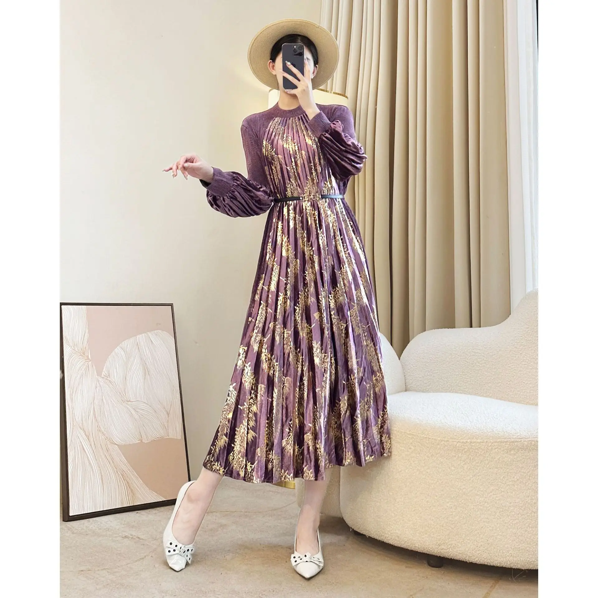 

Elegant Purple Pleated Dress with Gold Foil Print! Lantern Sleeves & Waist - cinching Belt Women's Casual Dress