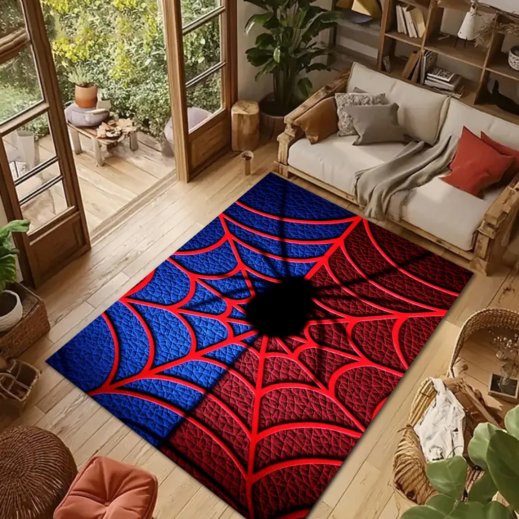 Spider Web Door Mat, Red Blue Comic Style Floor Rug, Halloween Horror Entrance Carpet, Non-slip Funny Home Decor for Party