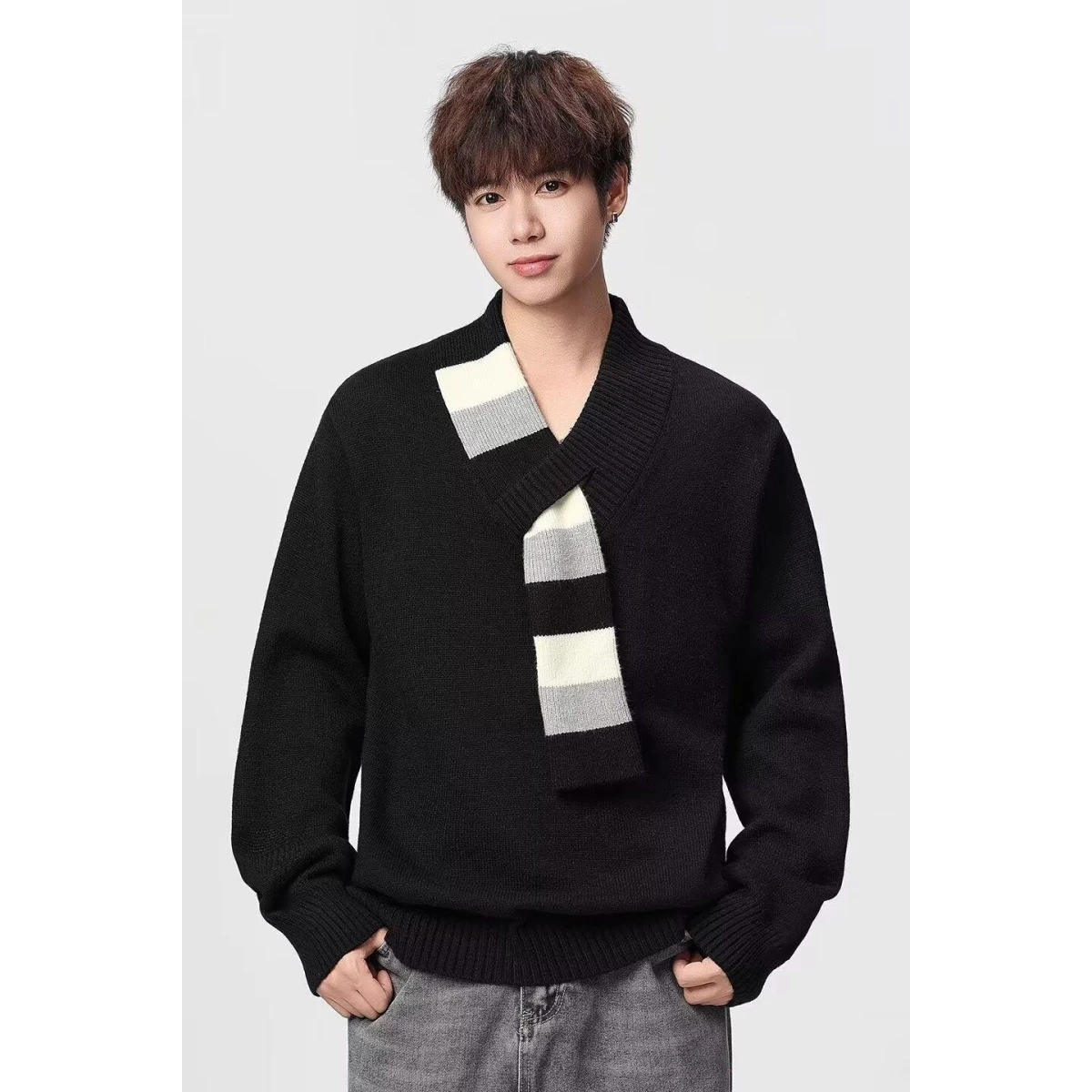 

Thiened V-Ne Men's Sweater Scarf Sli Trendy Autumn Winter Faion Brand Cool Teenage Student Warmth Red Knitwear