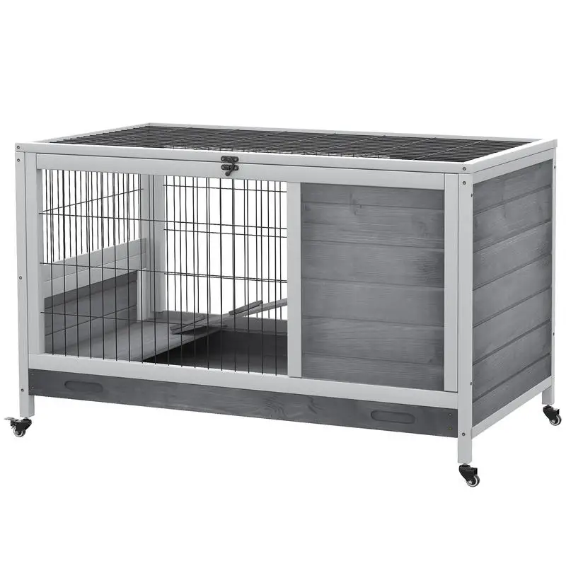 

PawHut Indoor Rabbit Enclosure, Wooden Elevated Cage Habitat with Enclosed Run with Wheels - Ideal for Rabbits and Guinea Pigs