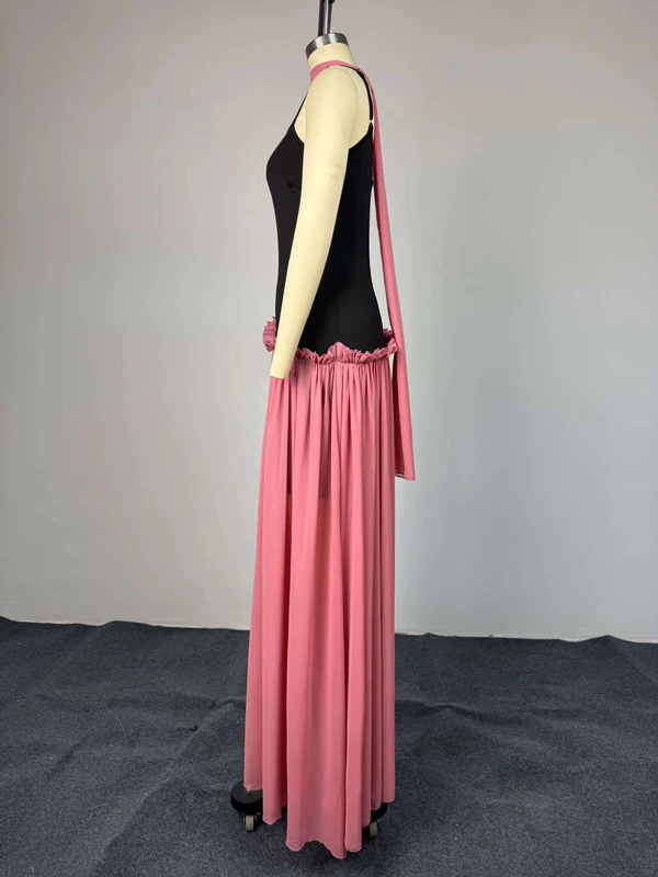 Damen Maxikleid mit Spaghettiträgern, Farbblock-Chiffon, langes Kleid mit Halter-Schal-Dekor, Rüschenbesatz, elegante Party- und Abendkleider – Detail 6