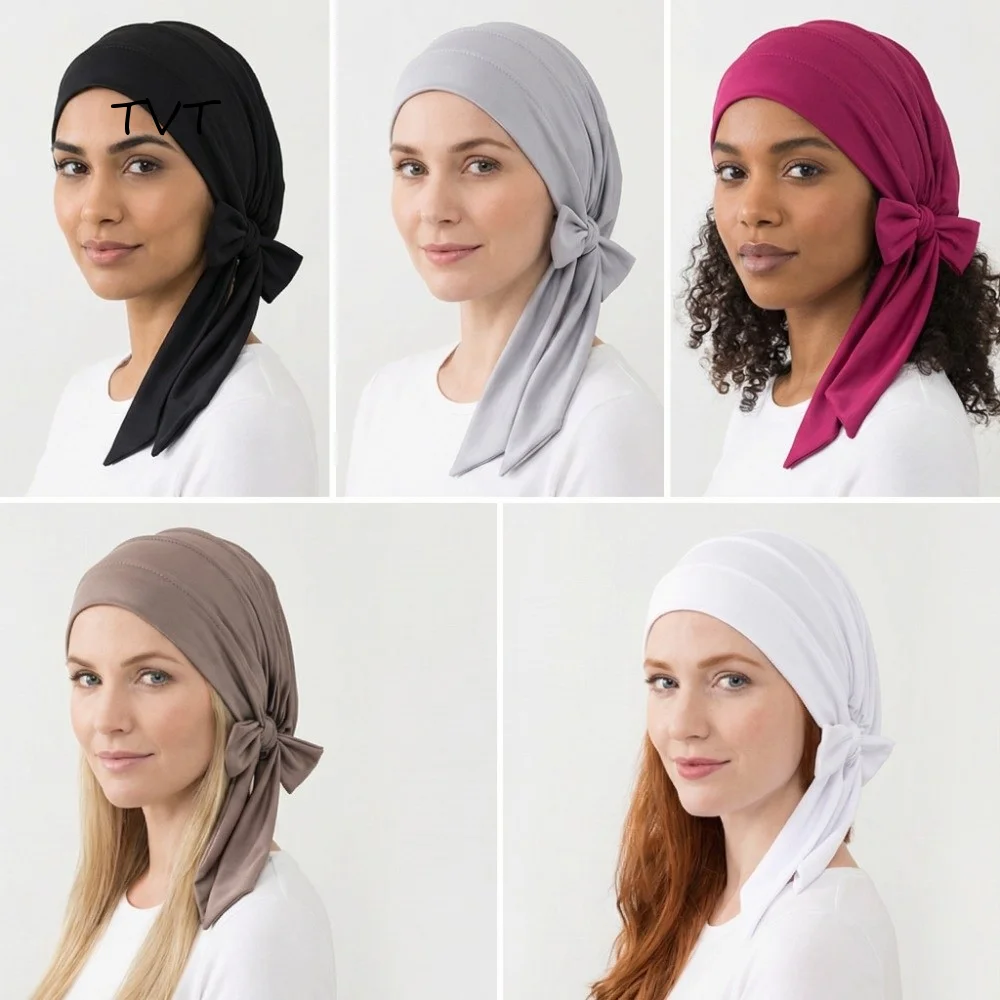 Arab Wrap Solid Color Headscarf Hat Breathable Stretch Hijab Long Tail Pre-Tied Chemo Hat Indian Tradition
