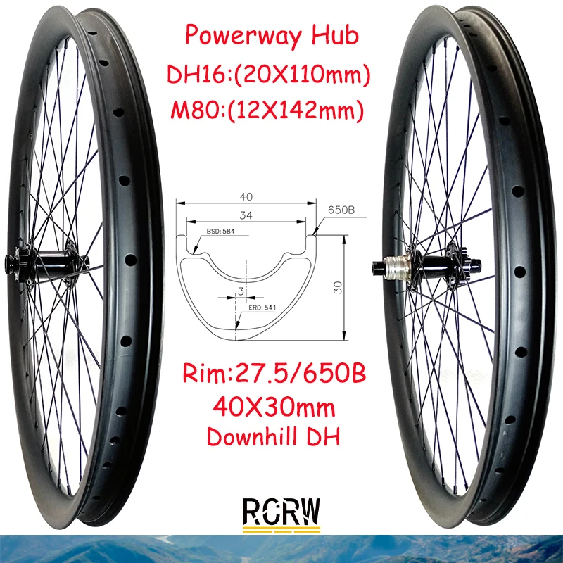 650B/27.5er MTB DH 40X30mm Wheelset Carbon Rim 28/32Hole Asymmetric 40 Wide 30 Deep Powerway DH16 M80 XD Hub Shiman Downhill