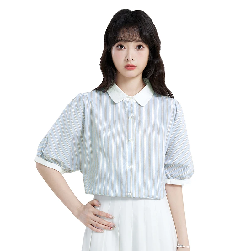 Chemisiers Vintage pour femmes, chemises rayées, mode, vêtements d'été amples, manches courtes, col rabattu coréen, hauts pour femmes