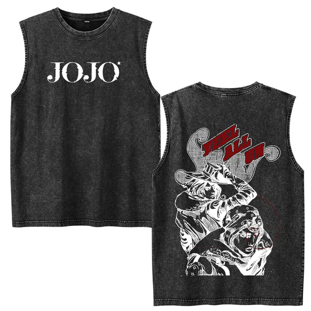 Anime JoJo Bizarre Adventure STEEL BALL RUN Gyro Zeppeli Johnny Joestar Vintage Washed Tank Tops Men's Sleeveless Vest T-shirts