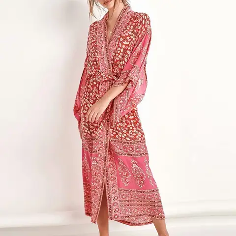 AYUALIN pink Chiffon Floral Print Cover up beach wear Blouse women Vintage Kimono CardiganTops Blusas femme boho swim coverups